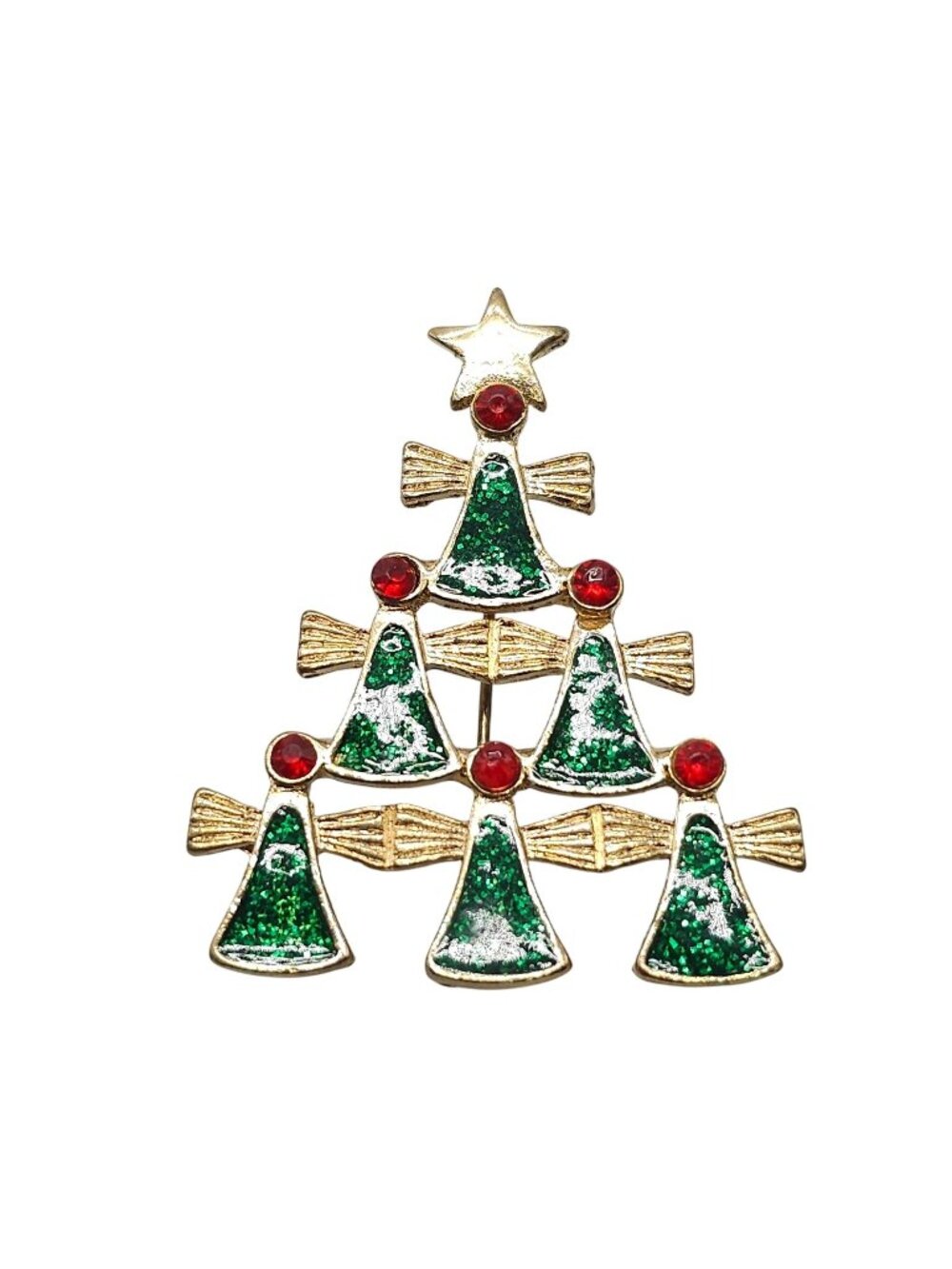 Vintage Christmas Tree Brooch With Green Glitter Angels Red Rhinestones